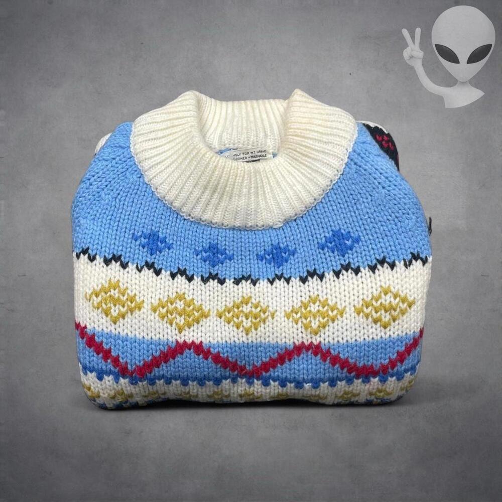 Vintage 70s Grants Mens Medium Fair Isle Ski Sweater Cream Blue Ribbed Knit - Picture 7 of 7